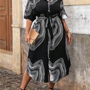 SHEIN Curve Clasi Annual Ring Print Belted Shirt Dress